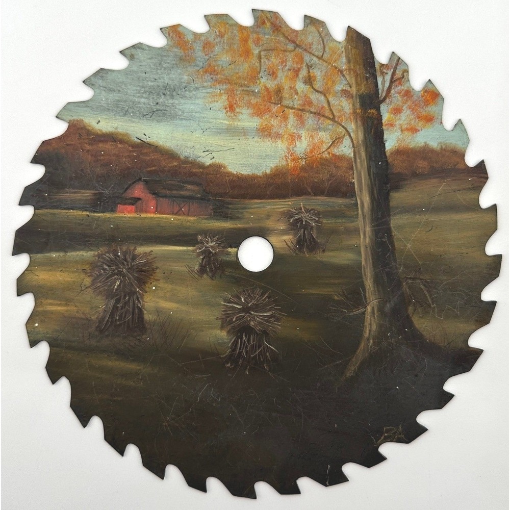 Hand Painted Saw Blade American Folk Art Red Barn Autumn Landscape Artist Signed